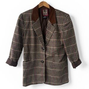 Vintage Ventara Plaid Wool Blend Blazer Leather Collar Jacket Medium
